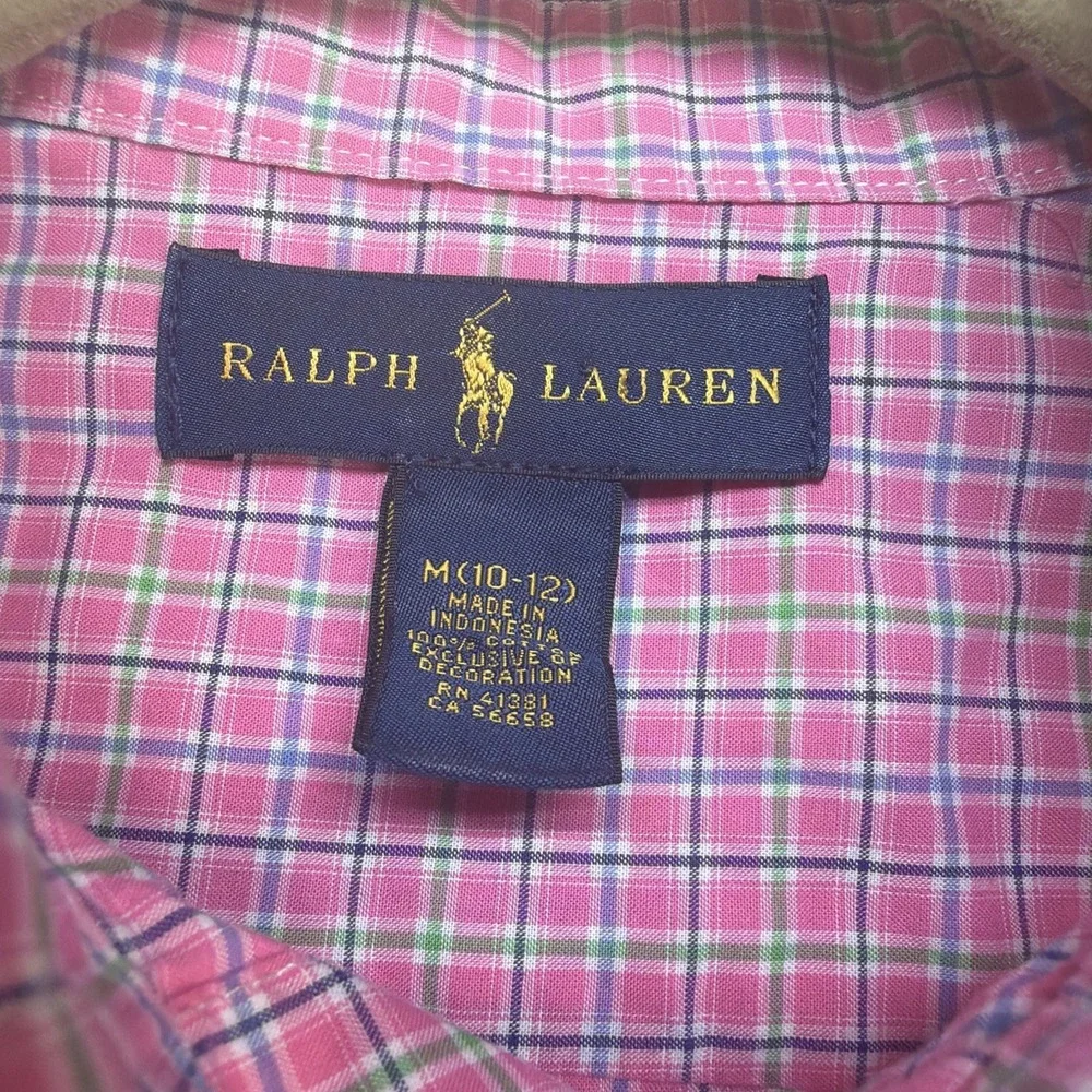 Ralph Lauren Boys Button Down Shirt‎ Pink Blue Plaid Preppy Size 10 12